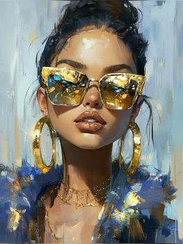 A fashionable woman wearing large earrings and sunglasses